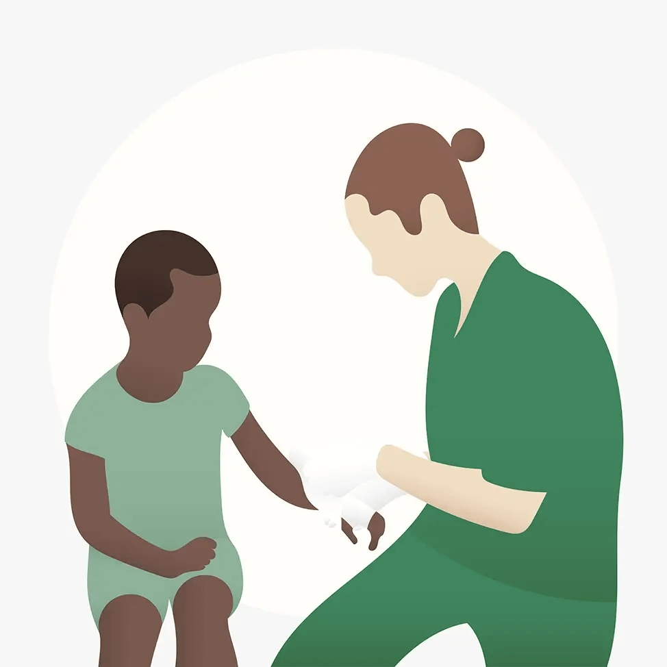 Illustration of an orthopedist wrapping a boy's forearm with a cast